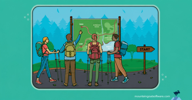 A team of hikers reviewing a map