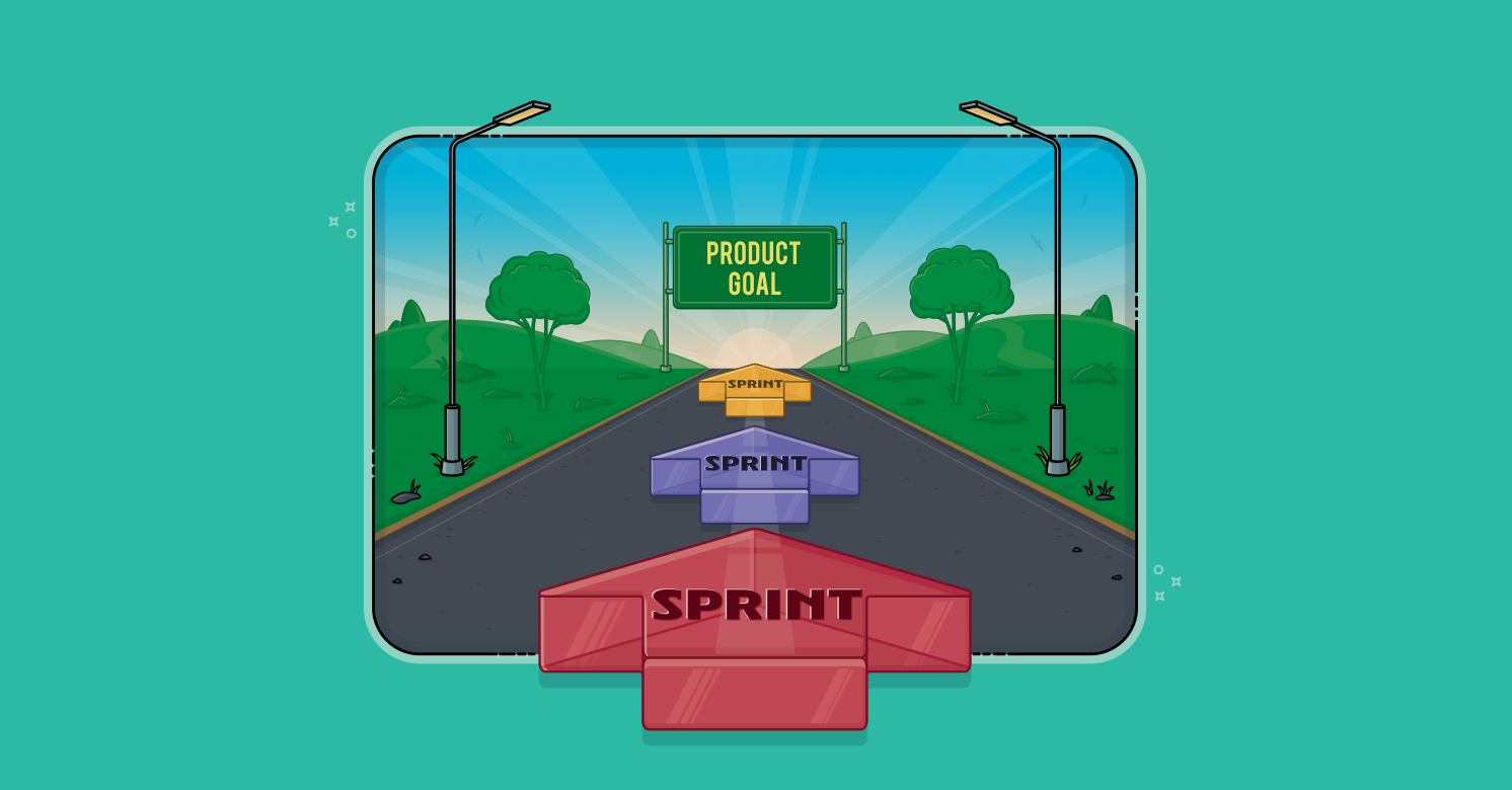 A series of arrows, each reading sprint, leads down a highway to a distant sign reading "product goal." One of a product owner's many responsibilities is to set a product goal: that next mile marker for the product.