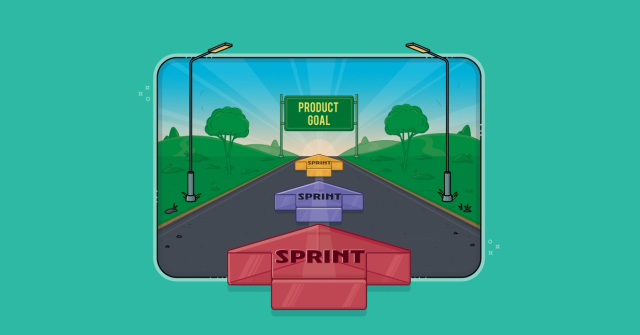 A series of arrows, each reading sprint, leads down a highway to a distant sign reading "product goal." One of a product owner's many responsibilities is to set a product goal: that next mile marker for the product.