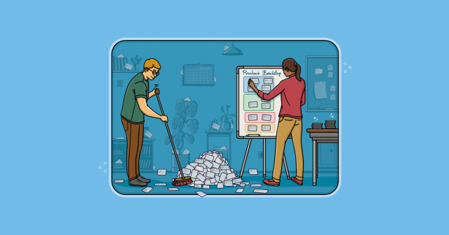 Two teammates curate a product backlog while clearing away excess story cards.