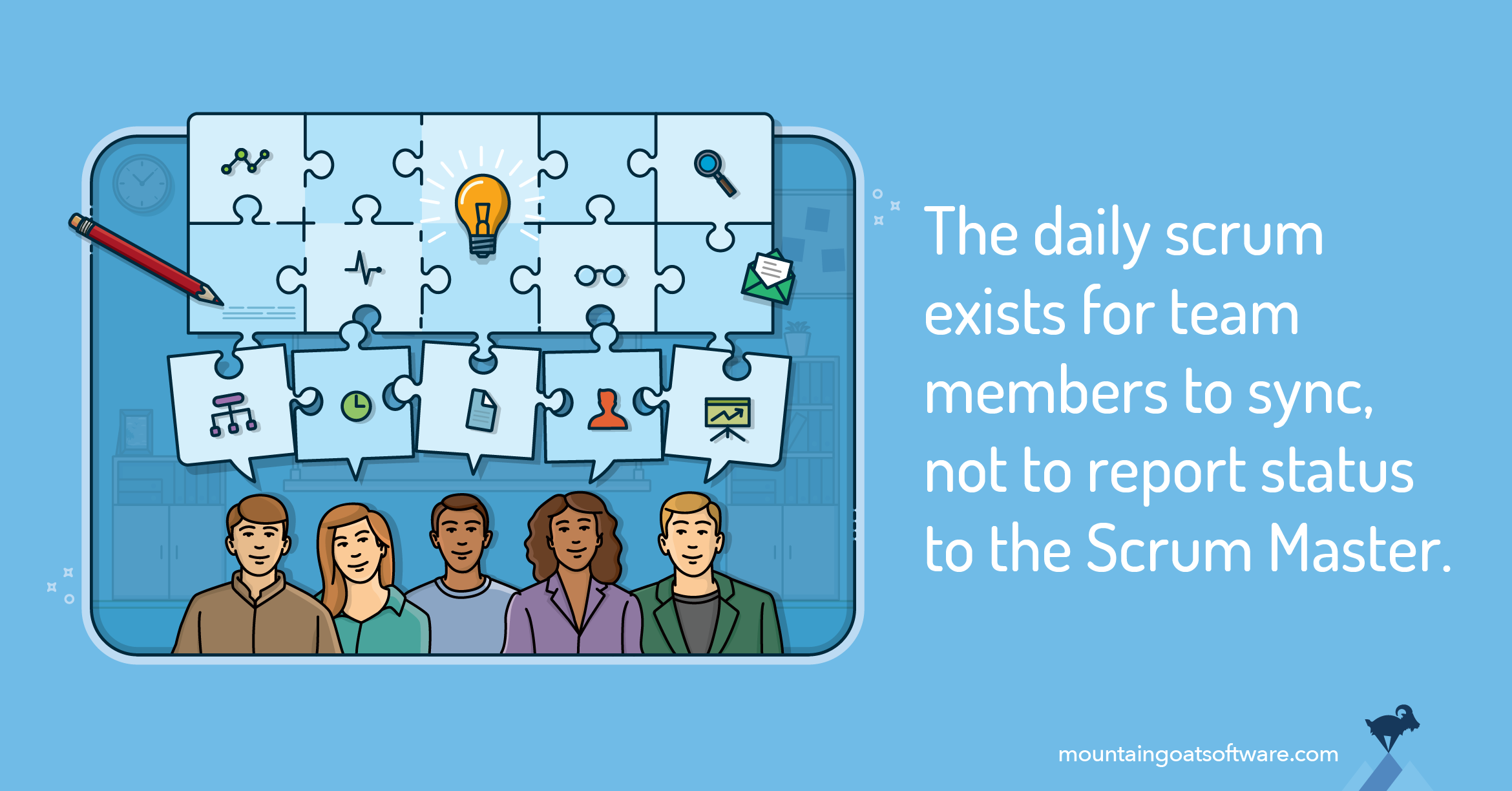 Quote card for Daily Scrums: Synchronization Meetings, Not Status Meetings.