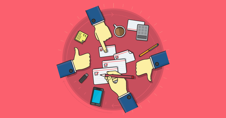 Stakeholders are gathered round a table filled with index cards indicating thumbs up or thumbs down for each product backlog item. Whenever possible, avoid using a sprint review as a sign-off meeting.