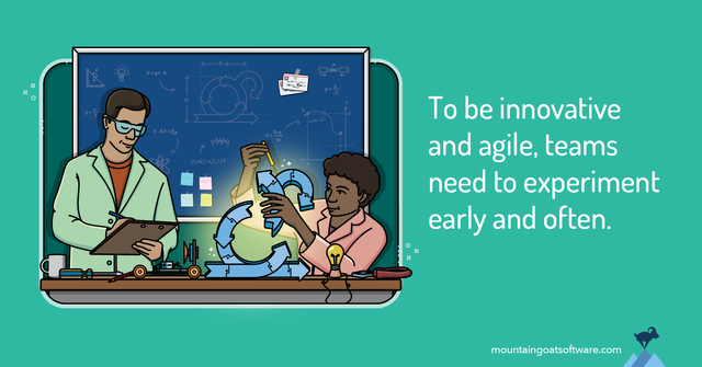 A man in a white lab coat and a woman work together to find space for experiments inside a sprint. To be innovative and agile, teams need to experiment early and often.
