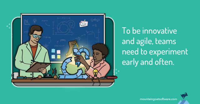 A man in a white lab coat and a woman work together to find space for experiments inside a sprint. To be innovative and agile, teams need to experiment early and often.