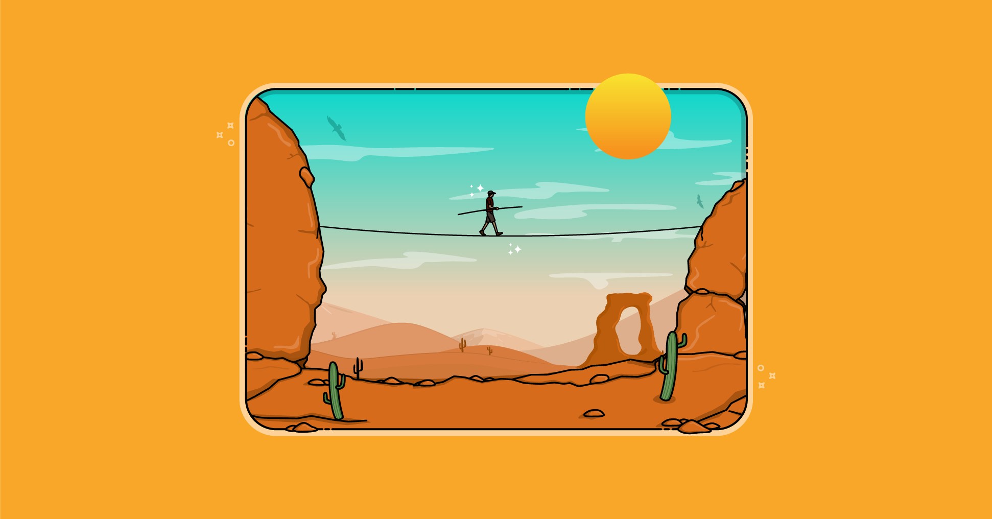 Scrum Masters must walk a fine line and it's easy to slip up. Scrum Master balances on a tight rope between two cliffs in the desert.