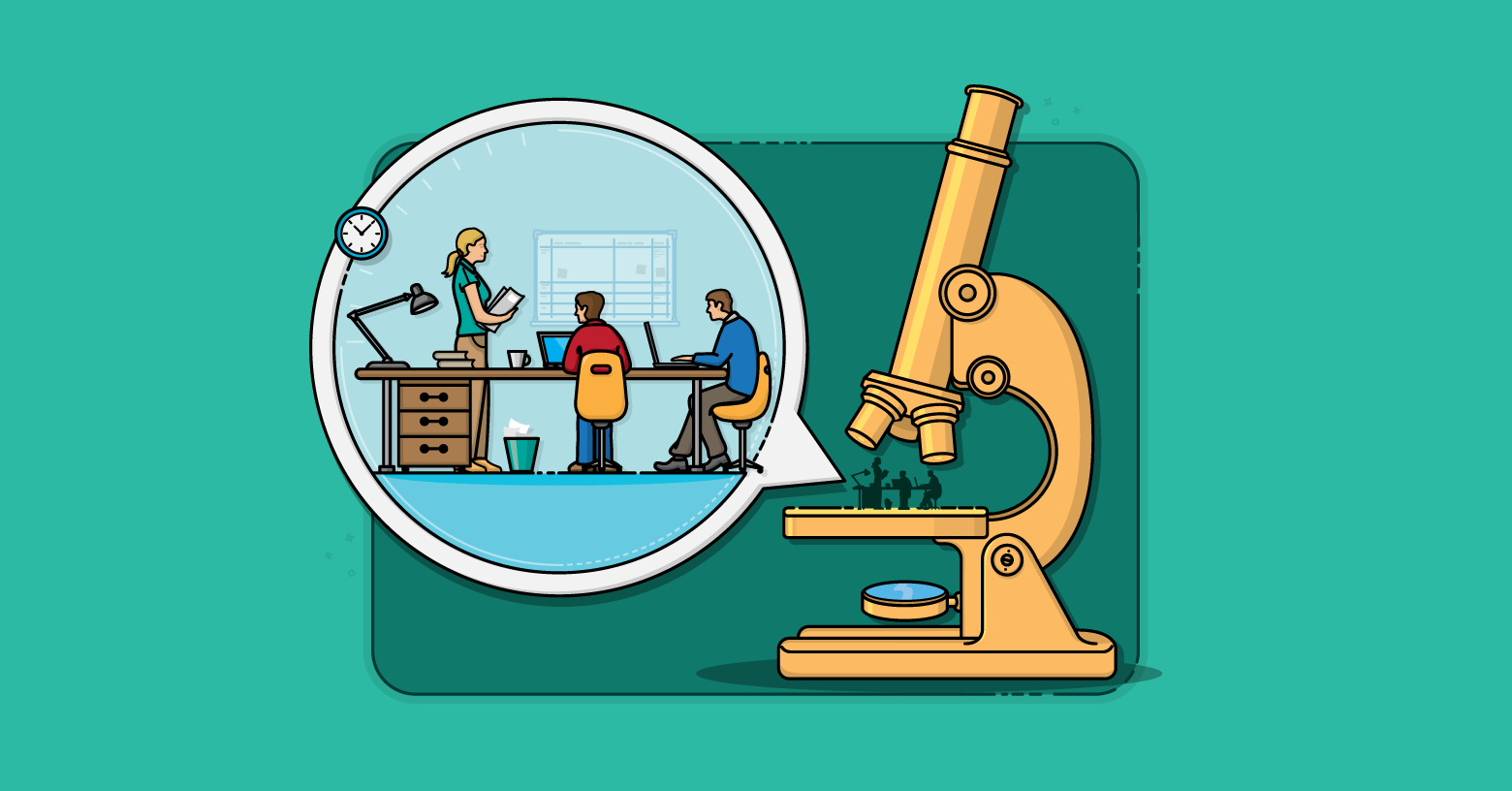Microscope focused on employees working.