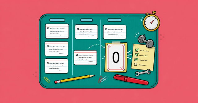 Article artwork showing a zero-point Planning Poker card on a product backlog board.