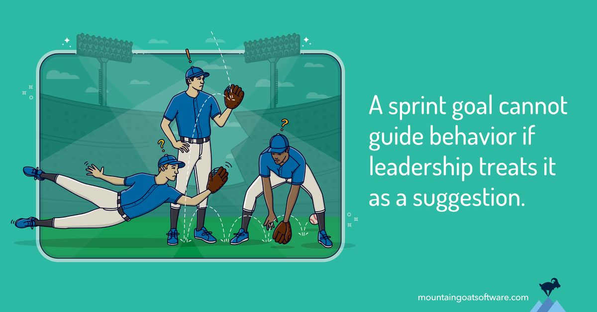 Three baseball players fail to coordinate as a fly ball drops between them. Text: "A sprint goal cannot guide behavior if leadership treats it as a suggestion."
