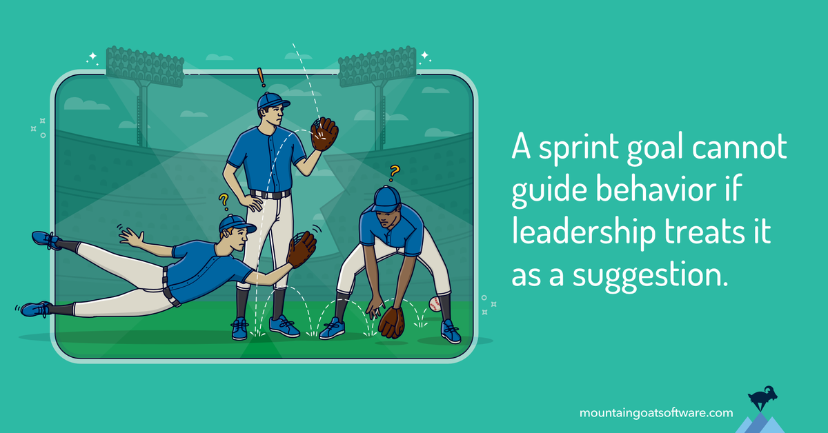 Three baseball players fail to coordinate as a fly ball drops between them. Text: "A sprint goal cannot guide behavior if leadership treats it as a suggestion."