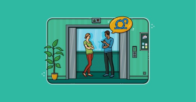 A man and woman discuss the sprint goal inside open elevator doors. The caption reads, A sprint goal is a one-sentence summary of the focus of a team's sprint. The idea is to be able to relay what the team is working on in the length of an elevator ride.