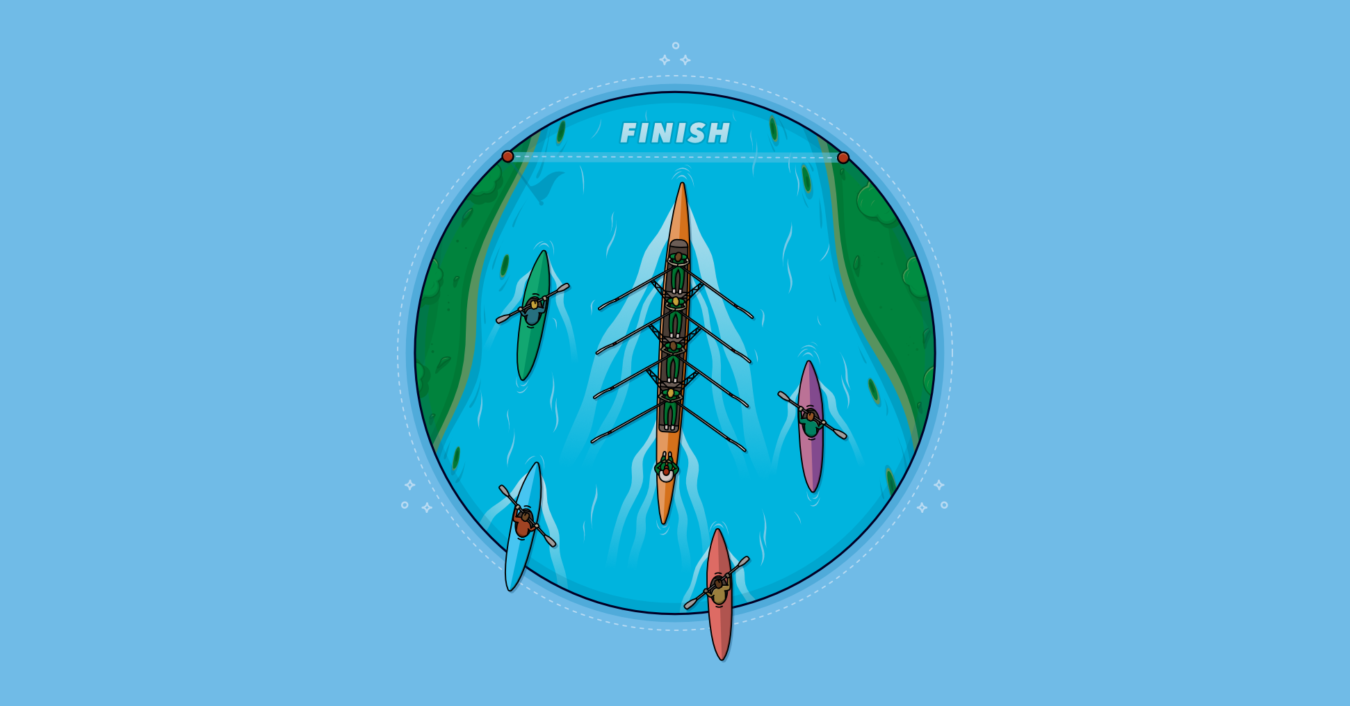 A rowing team gets to the finish line faster than other kayaks rowing as individuals