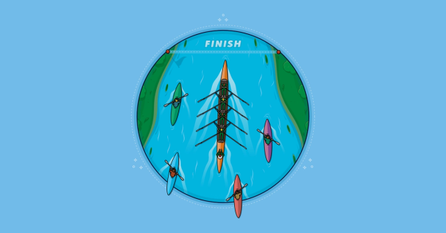 A rowing team gets to the finish line faster than other kayaks rowing as individuals