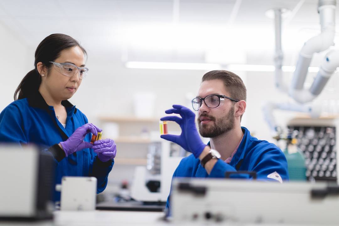 A chemistry professor and student work on collaborative research.