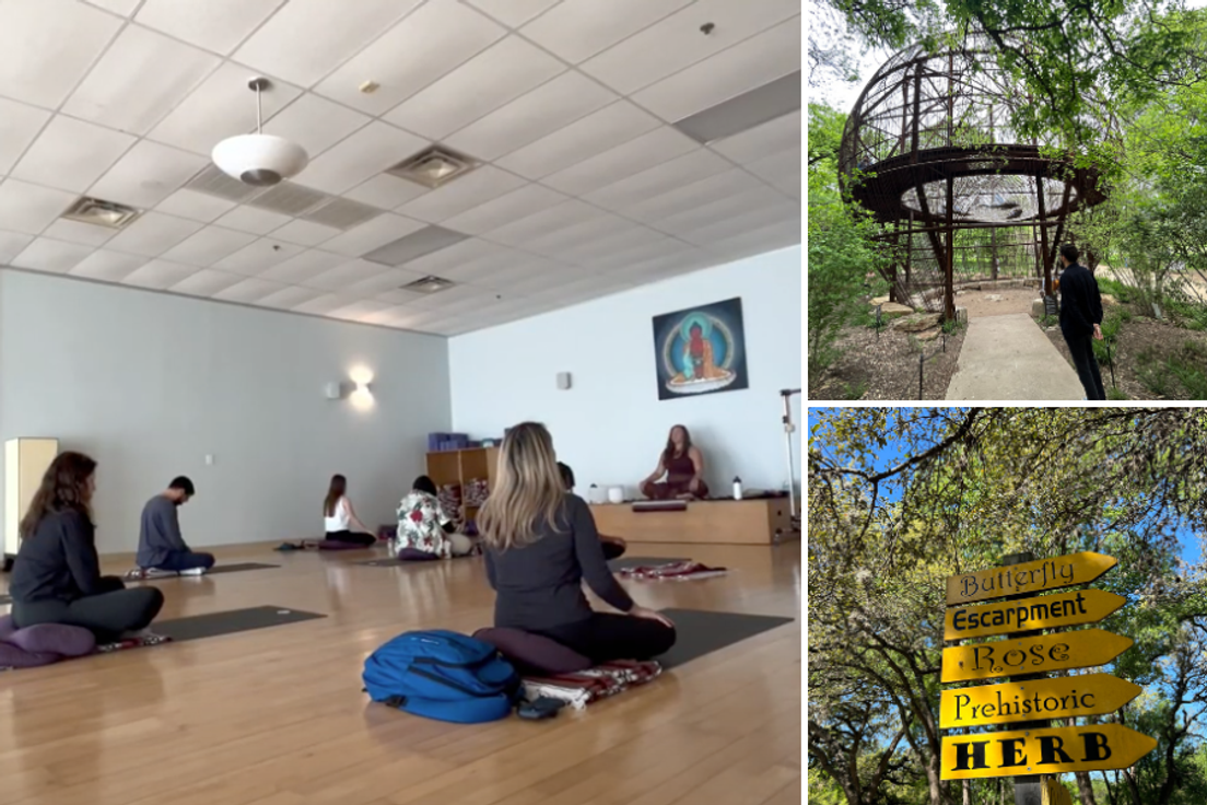 Students doing yoga and exploring gardens on an Immersion focused on self-care.