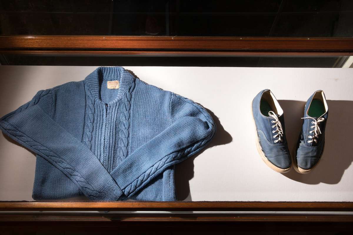 Mister Rogers’ famous blue sneakers and blue sweater on display at Rollins College.