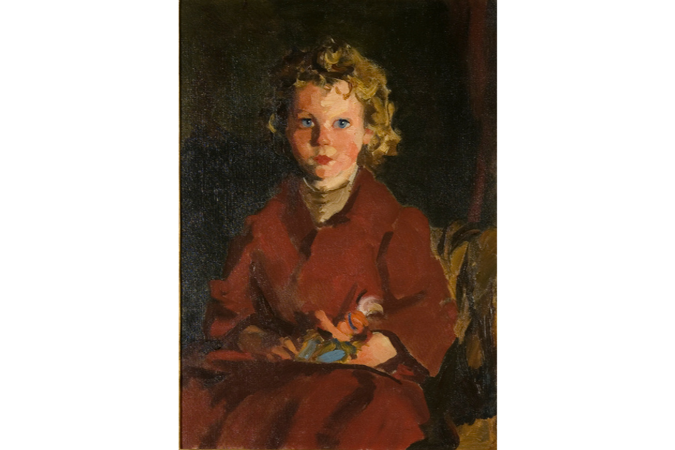 Portrait painting of a child in red coat holding a doll