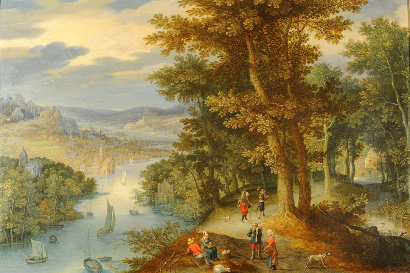 Oil on copper painting of an extensive wooded river landscape with travelers