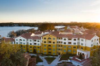 A photo of Rita Bornstein Hall, part of the new Lakeside Neighborhood residential complex at Rollins College.