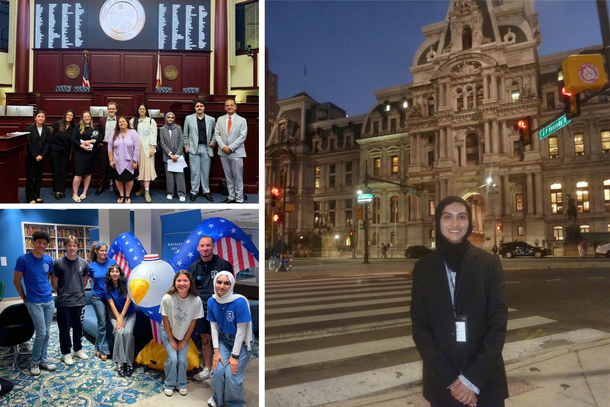 Collage highlights Aimal Irteza ’27 civic engagement at Florida House of Representatives, community event, and city hall.