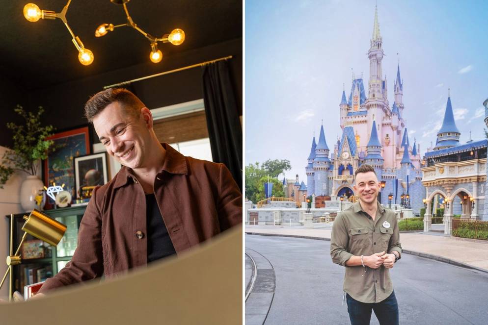 Spencer Lynn at his home office and in front of Cinderella's Castle in the Magic Kingdom at Walt Disney World.