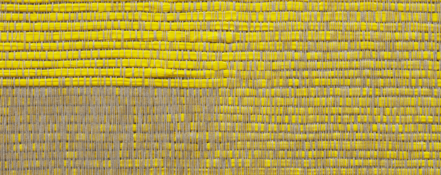 Close-up of yellow woven textile pattern with subtle horizontal variation. Detail of artwork by Analia Saban entitled Woven Angle Gradient as Weft, Cadmium Yellow Medium