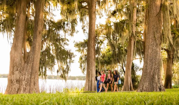 Students walking along the shoreline of Lake Virginia under the cypress trees.