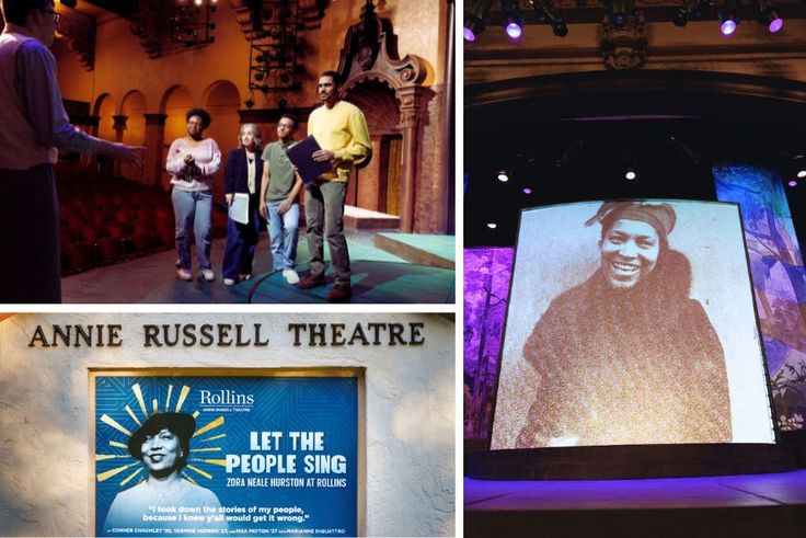 Portrait of Zora Neale Hurston, the Let the People Sing marquee, and Professor DiQuattro with students on stage