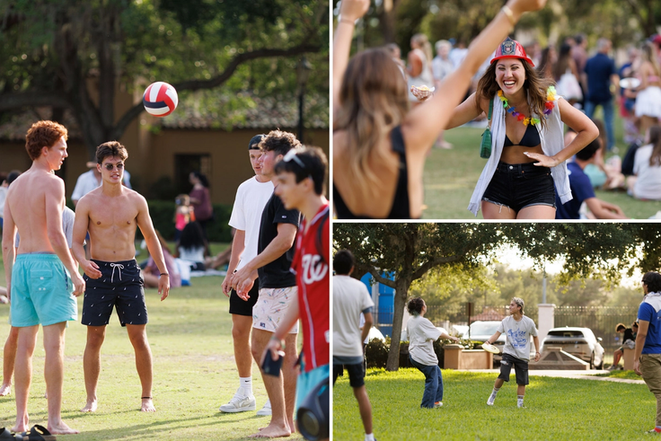 A grid of students playing lawn games on Fox Day 2023.