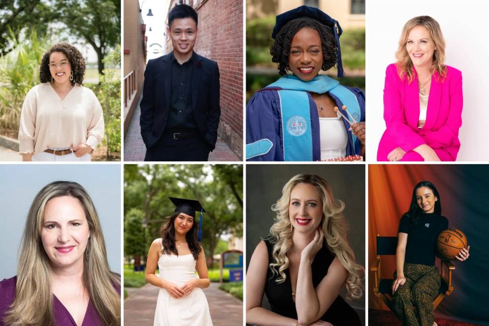 A grid of eight Rollins alumni headshots.