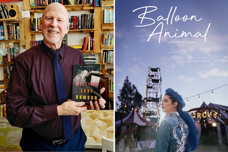 Mark Malone ’77 with his new book and the film poster for Balloon Animal.