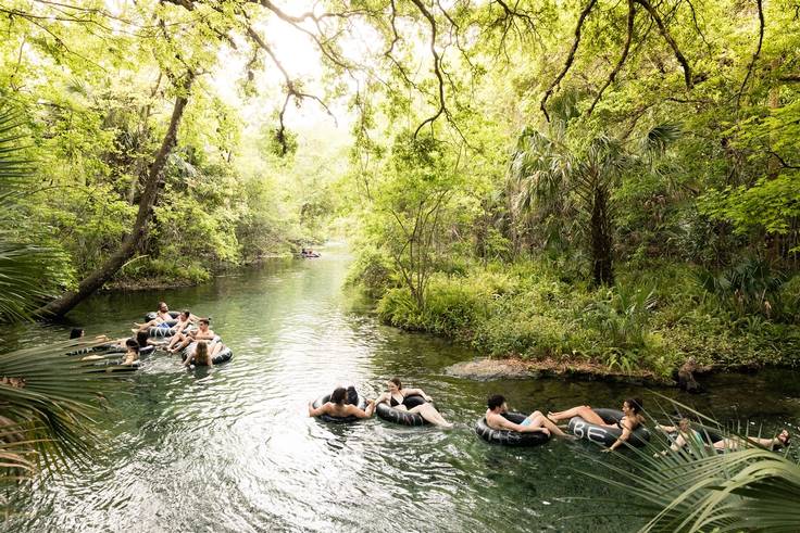 Rollins students float on inner tubes in Wekiwa Springs.