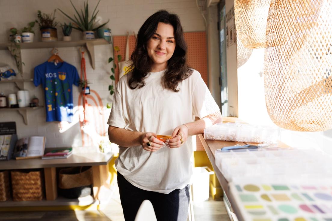 Social entrepreneurship major Sara Cohen ’23 with her handmade jewelry