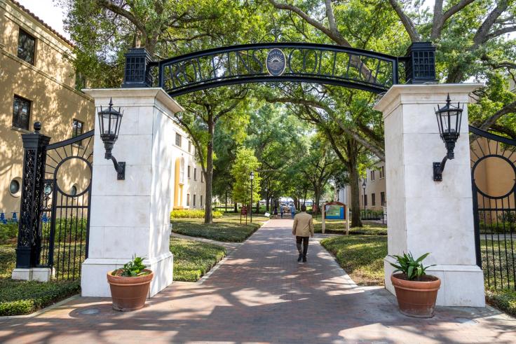 Rollins Arch in dappled sunlight.
