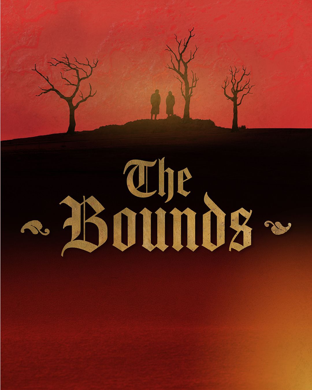 Silhouetted figures on hill with barren trees above title ‘The Bounds’