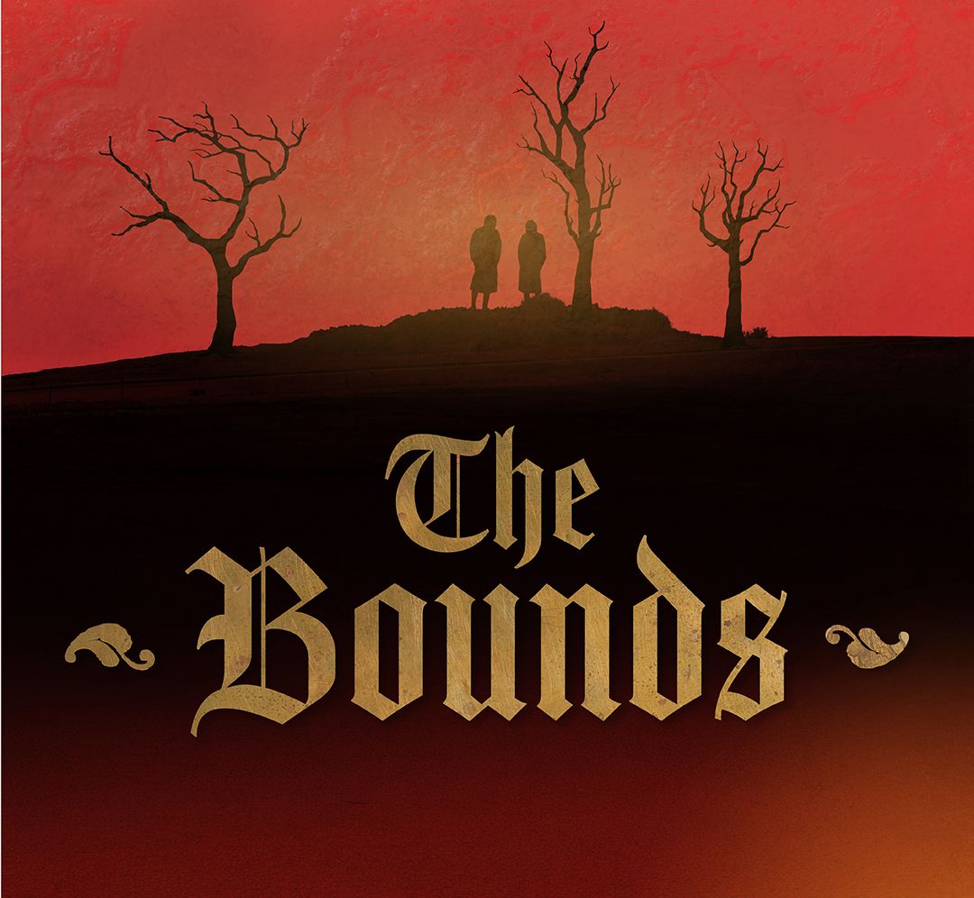 Silhouetted figures on hill with barren trees above title ‘The Bounds’