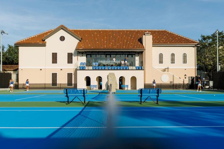 Rollins tennis courts and facility, with an elevated spectator area.