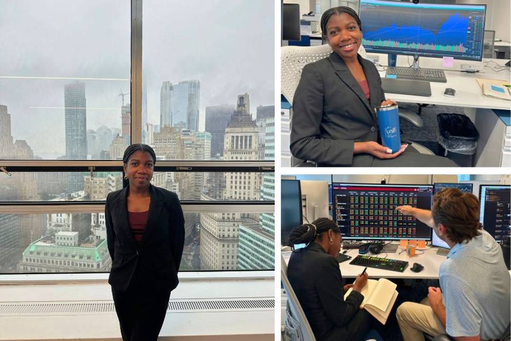 Investor relations intern Taylor Evans ’28 analyzes market data and poses in city office