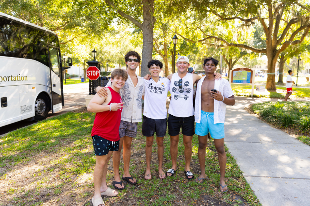 Students leaving on the bus to the beach