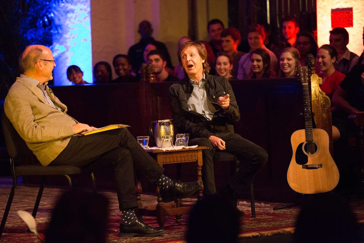 Sir Paul McCartney on stage with Billy Collins.