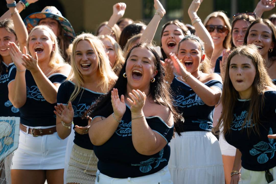 Sorority members celebrating Bid Day.