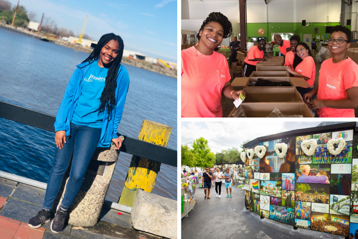 A grid of images depicting Carley Matthews ’22 on an Immersion experience in Savannah, Georgia, assembling hygiene kits for the homeless, and visiting the Pulse memorial in Orlando.