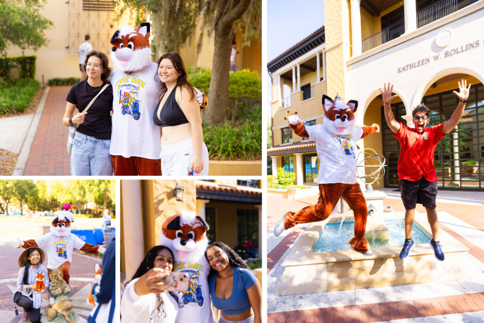 Students posing with the fox mascot
