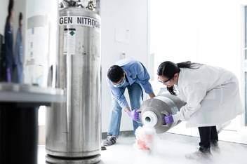 Chemistry professor and student use liquid nitrogen while conducting lab research.