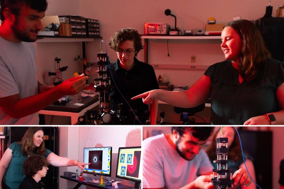 Students and faculty collaborate on optical equipment and analyze experimental images.