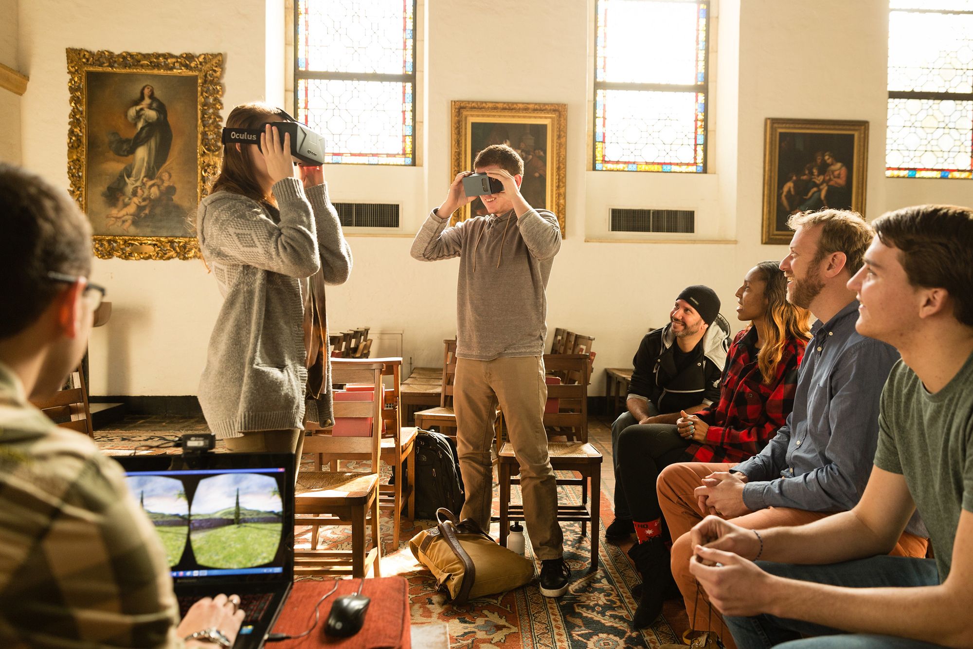 Students use virtual reality technology in religion class.