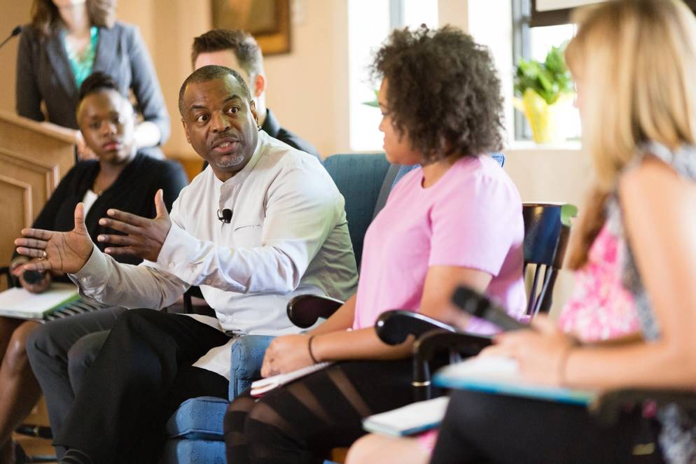 Levar Burton talks to students during a Winter Park Institute event.