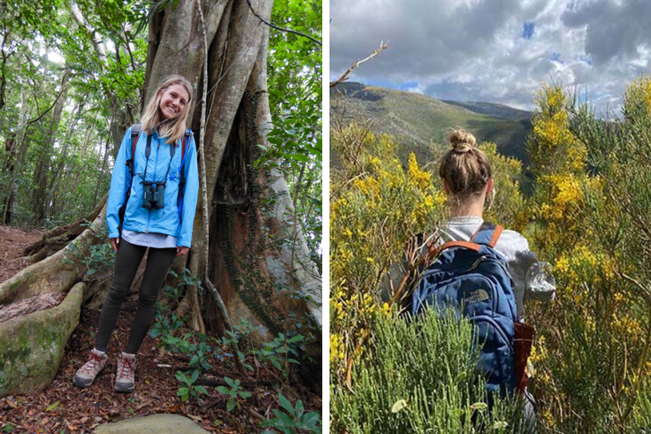 From left: Bridget Collis ’23 ’24MBA as a first-year student on the Costa Rica Field Study; Collis exploring the Spanish countryside the summer before her senior year while studying abroad through Veranol Espanol.
