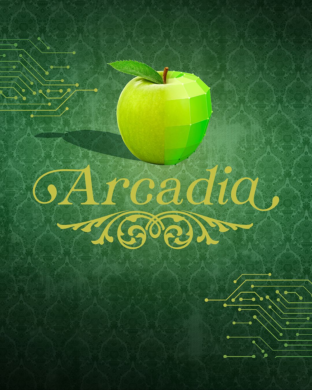 Green apple half-organic, half-digital above ornate Arcadia title on green background