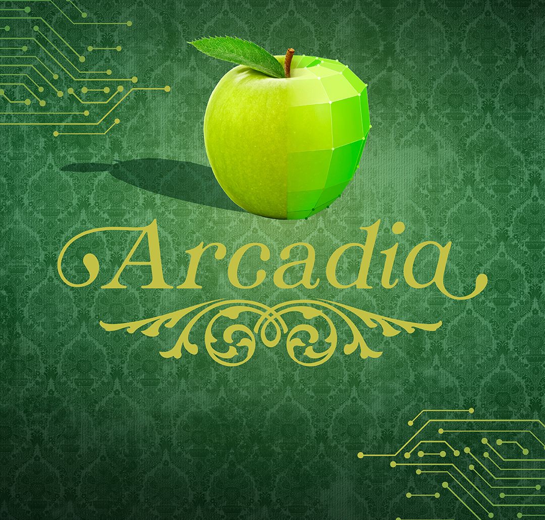 Green apple half-organic, half-digital above ornate Arcadia title on green background