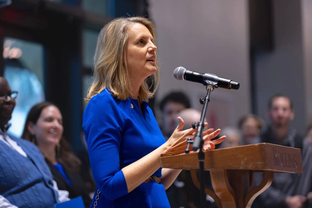 Brooke Barnett gives a speech at Rollins College